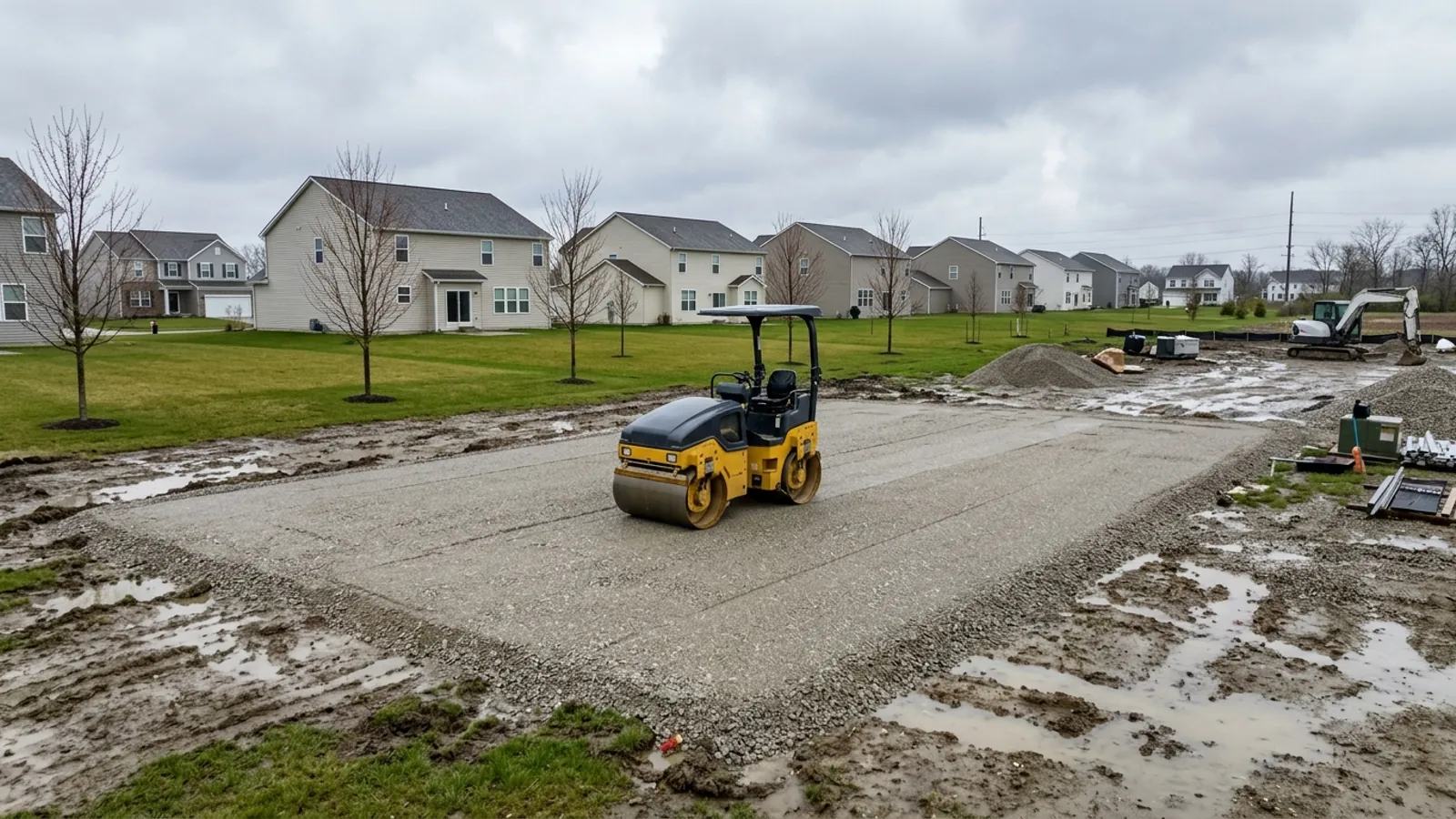Small roller compacting a crushed stone layer on a level building pad in early-spring mud