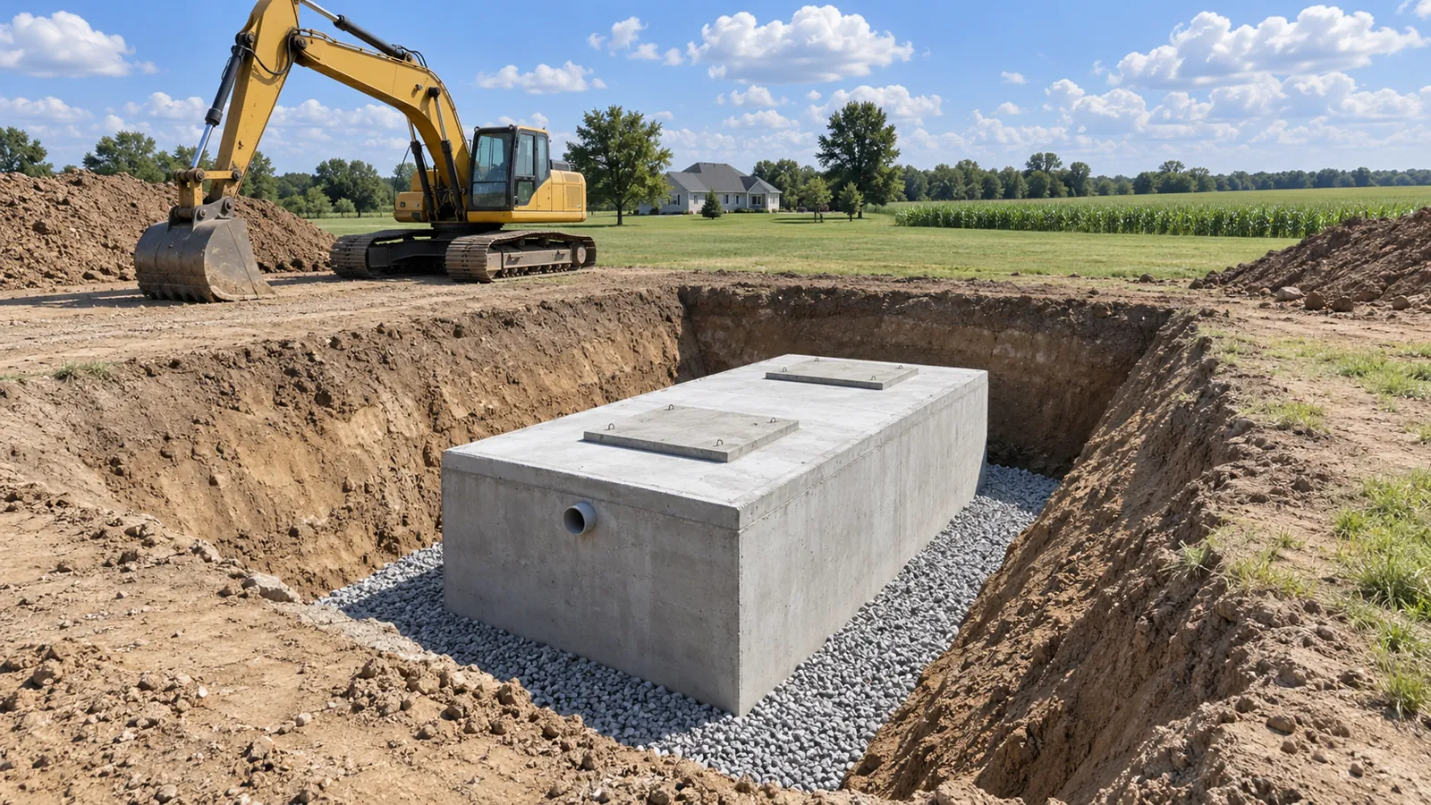New precast septic tank set level in a neat excavation beside a parked excavator under a big summer sky