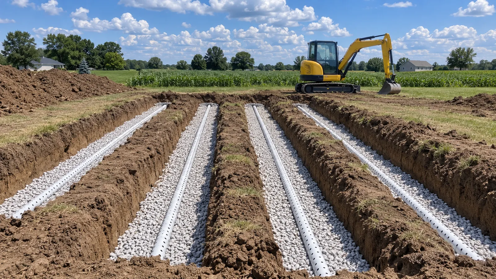 Parallel drain field trenches with clean stone and perforated pipe on an open lawn under a big summer sky