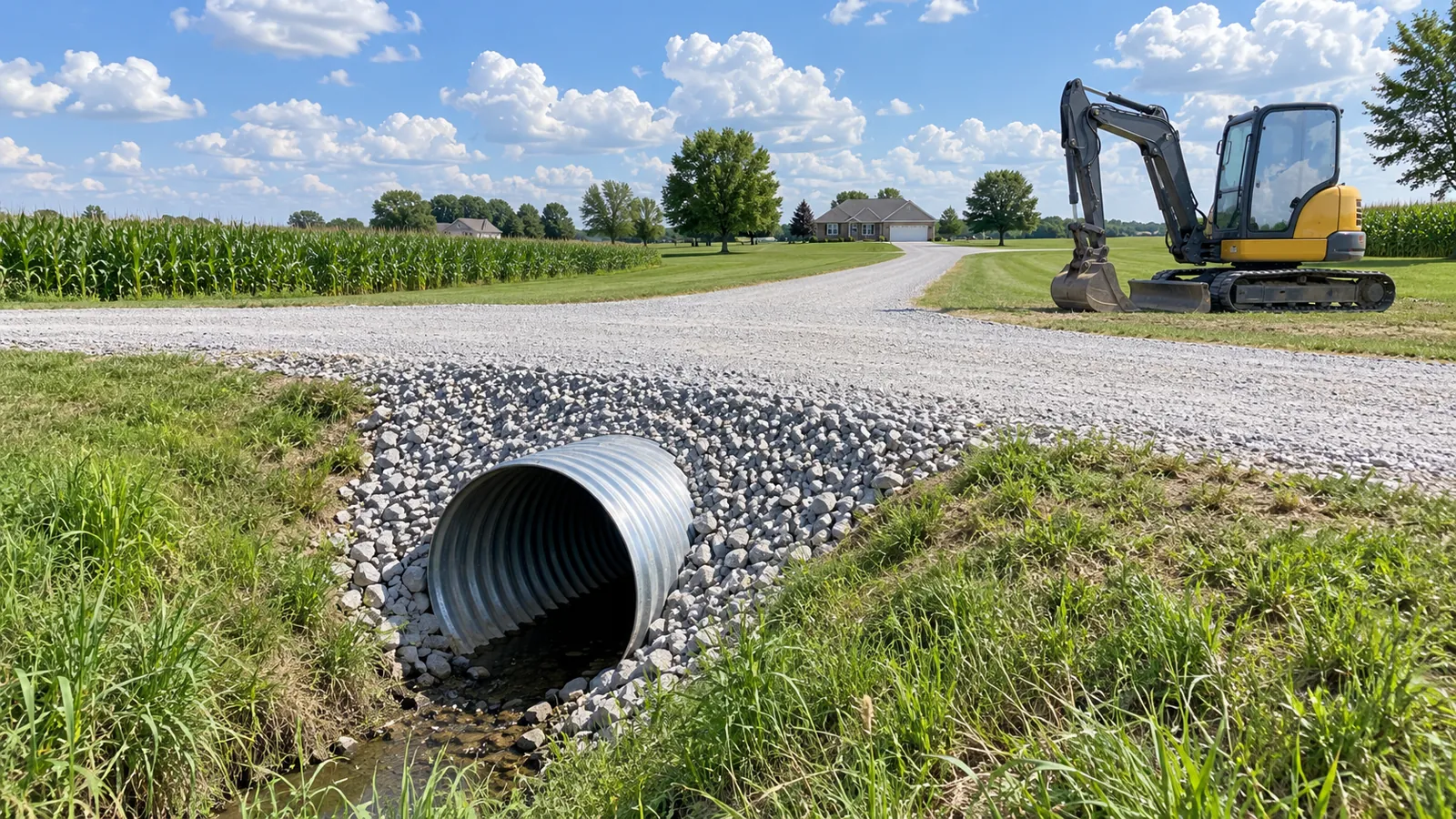 Culvert pipe set in a roadside ditch under a new gravel driveway approach under a big summer sky