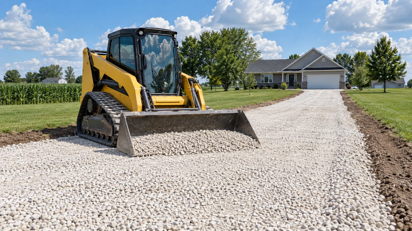 Compact track loader spreading crushed stone for a new gravel driveway base under a big summer sky