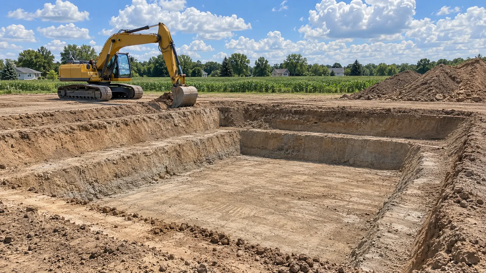 Excavator digging a basement for a new house with spoil set back from the edge under a big summer sky