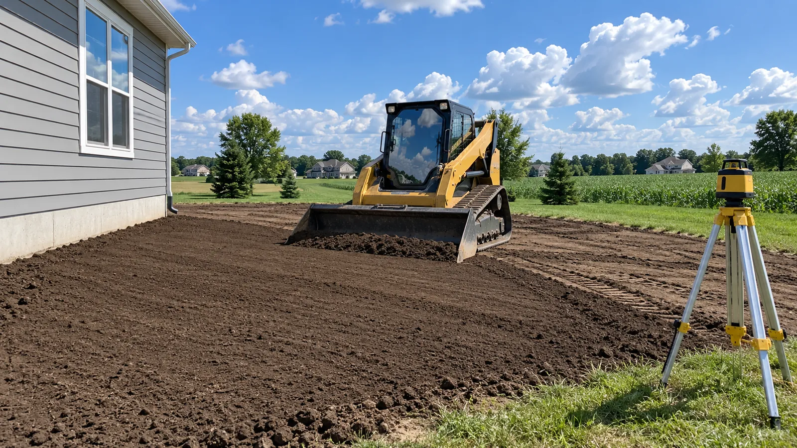Compact track loader leveling topsoil so the yard slopes away from a new house under a big summer sky