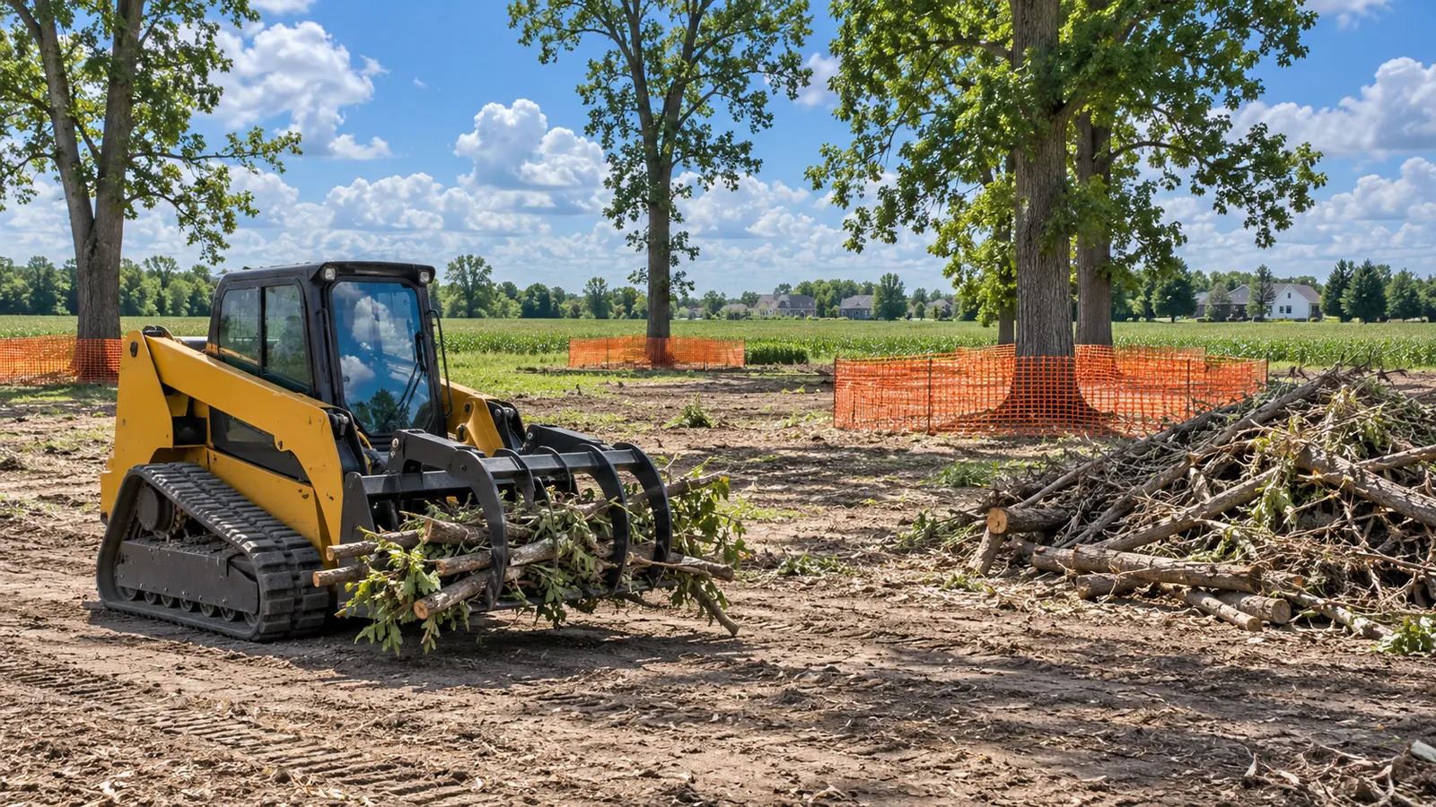 Track loader with a grapple piling cut brush on a partly cleared lot with trees protected under a big summer sky