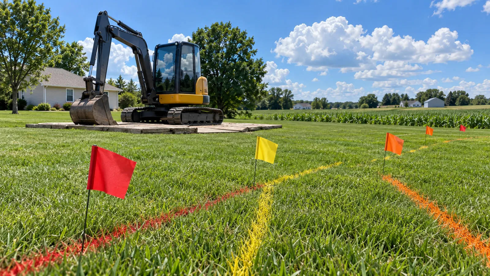 Utility locate flags and paint marks on a lawn with a compact excavator parked behind under a big summer sky