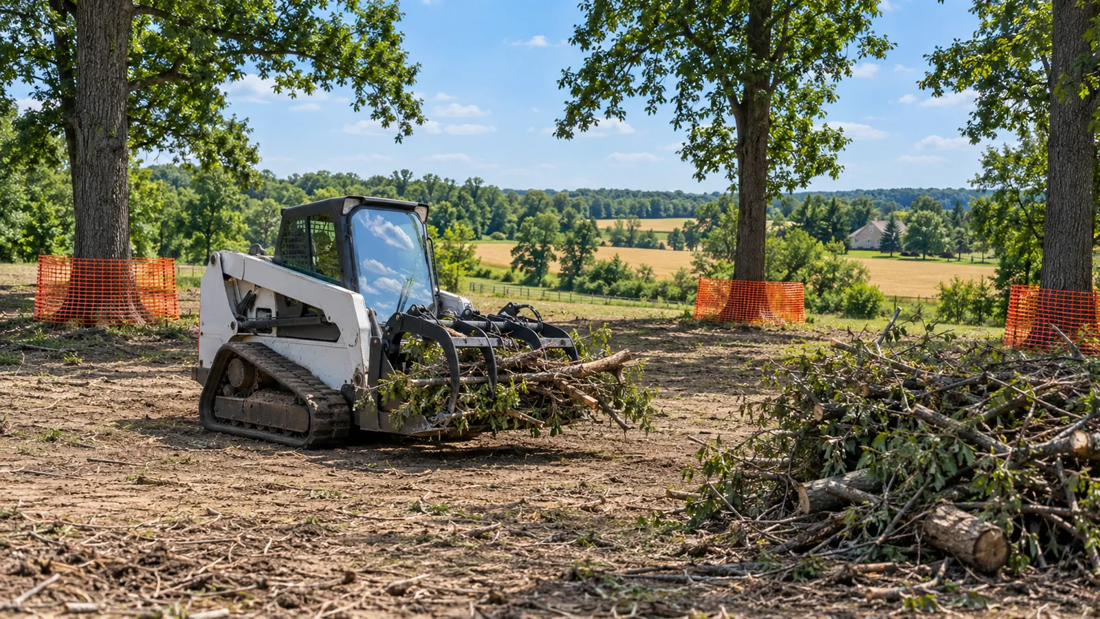 Track loader with a grapple piling cut brush on a partly cleared lot with trees protected next to summer farm fields