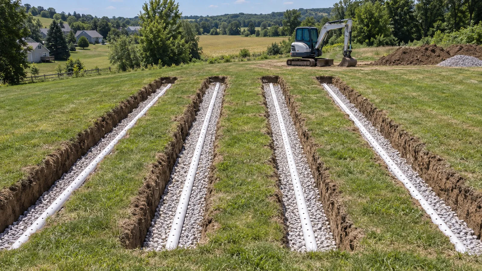 Parallel drain field trenches with clean stone and perforated pipe on an open lawn next to summer farm fields