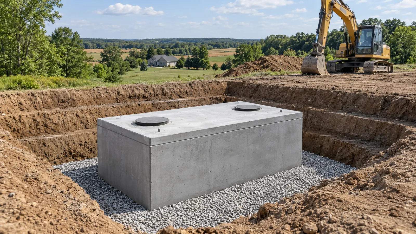 New precast septic tank set level in a neat excavation beside a parked excavator next to summer farm fields