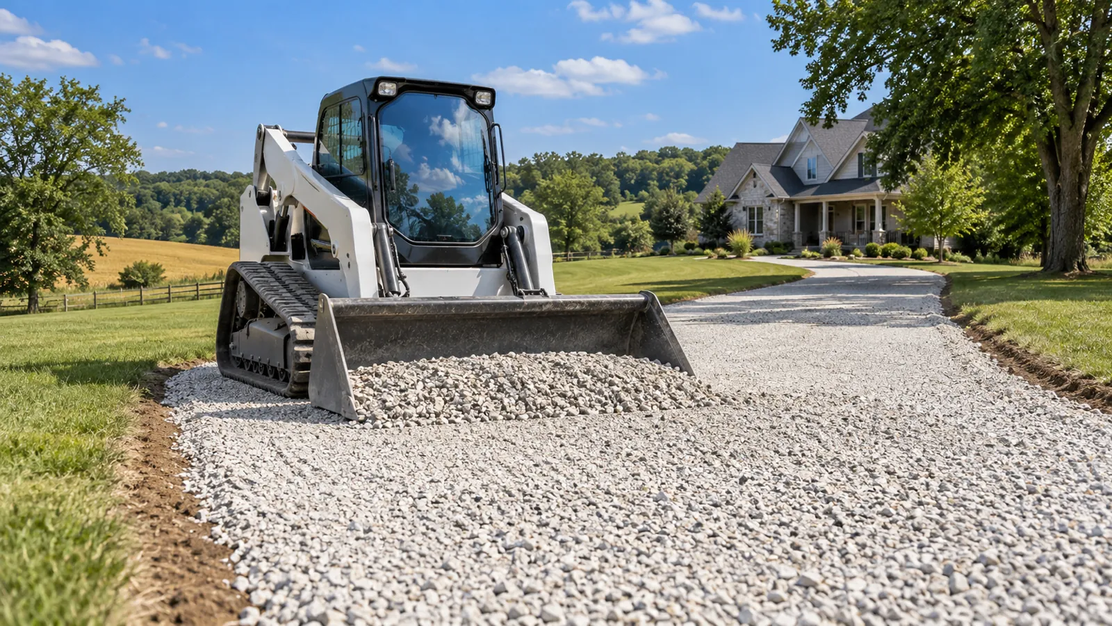 Compact track loader spreading crushed stone for a new gravel driveway base next to summer farm fields