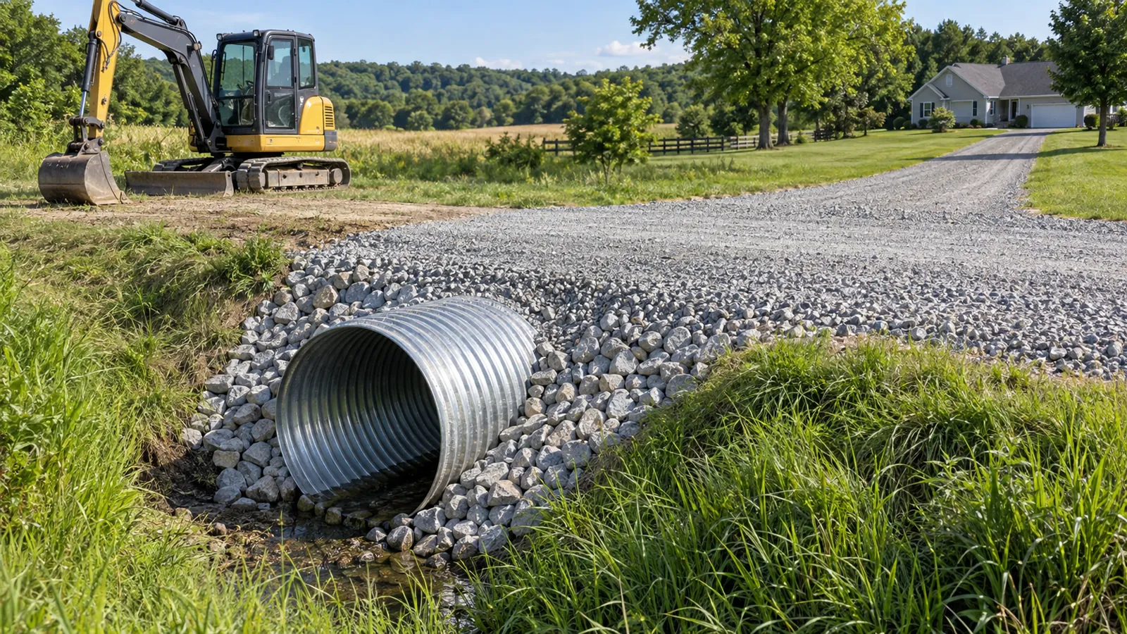 Culvert pipe set in a roadside ditch under a new gravel driveway approach next to summer farm fields