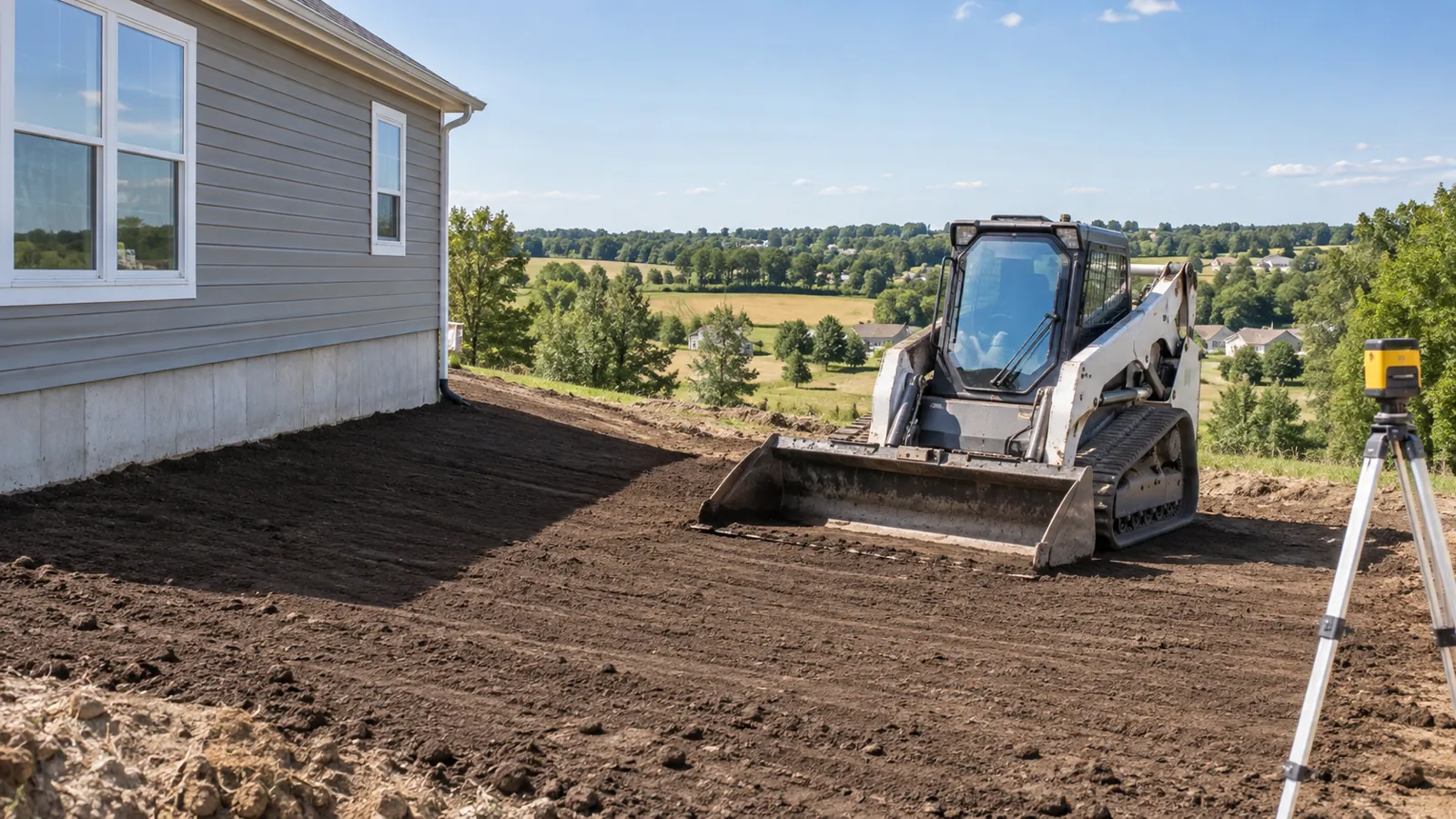 Compact track loader leveling topsoil so the yard slopes away from a new house next to summer farm fields
