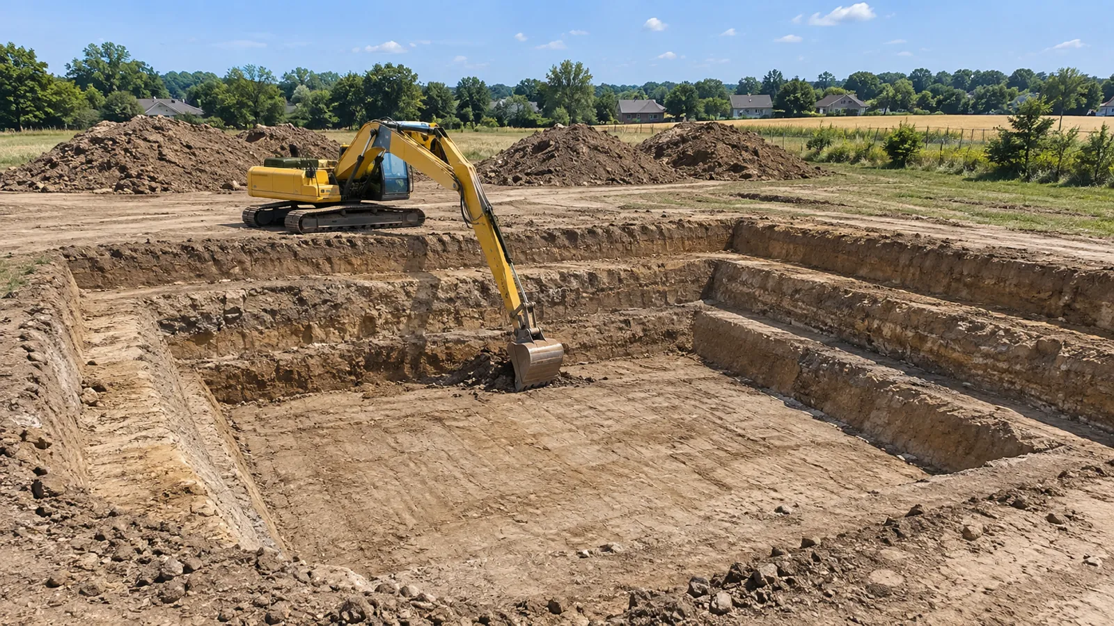 Excavator digging a basement for a new house with spoil set back from the edge next to summer farm fields