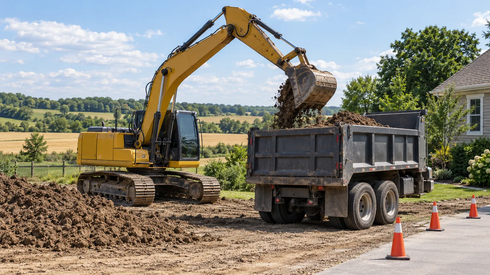 Excavator loading excavated soil into a plain dump truck beside a residential lot next to summer farm fields