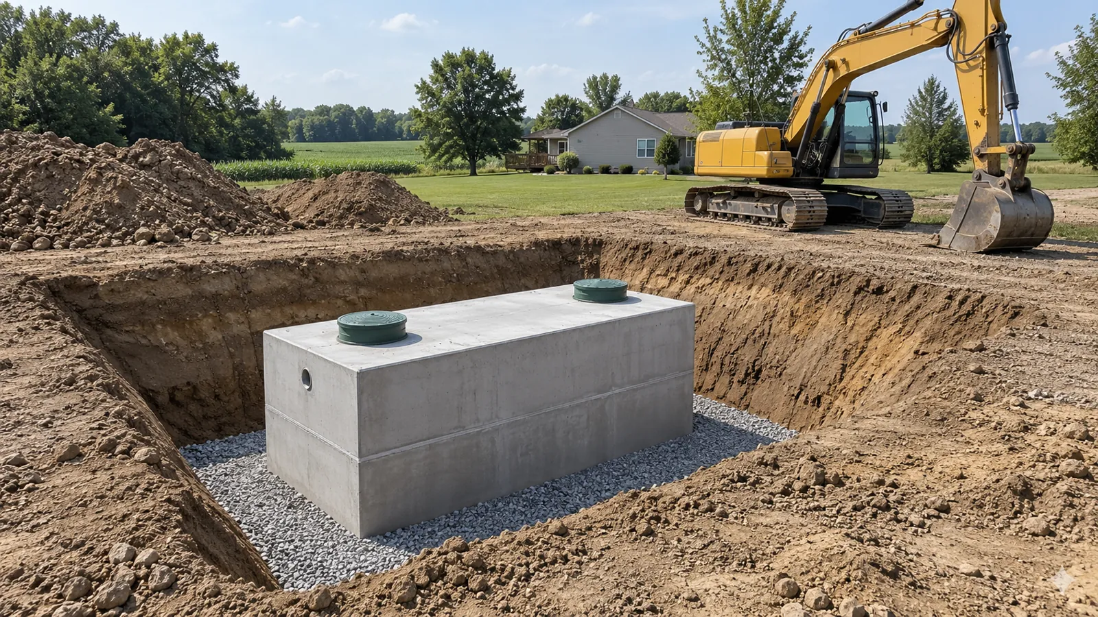 New precast septic tank set level in a neat excavation beside a parked excavator in midsummer sun