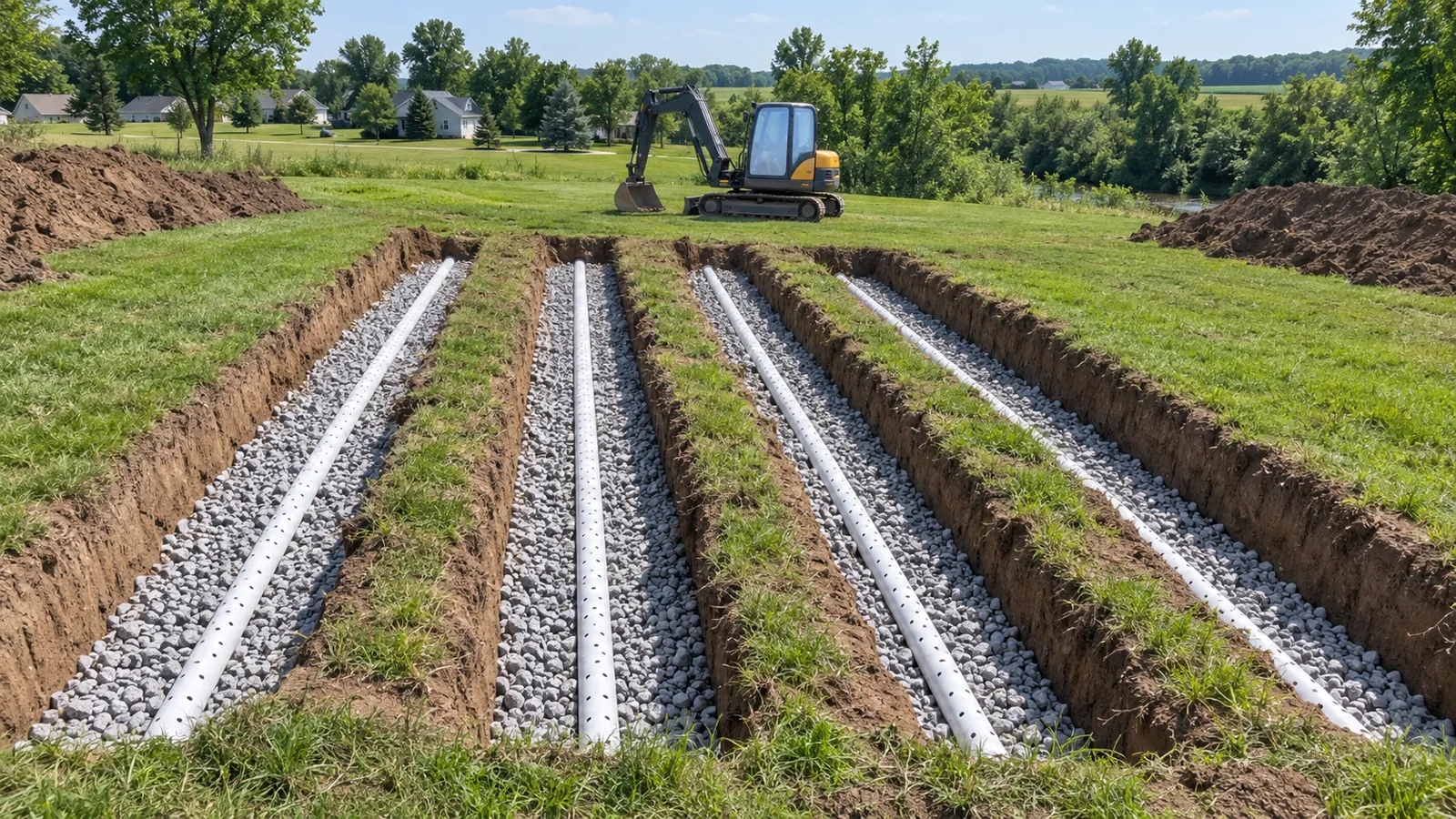 Parallel drain field trenches with clean stone and perforated pipe on an open lawn in midsummer sun