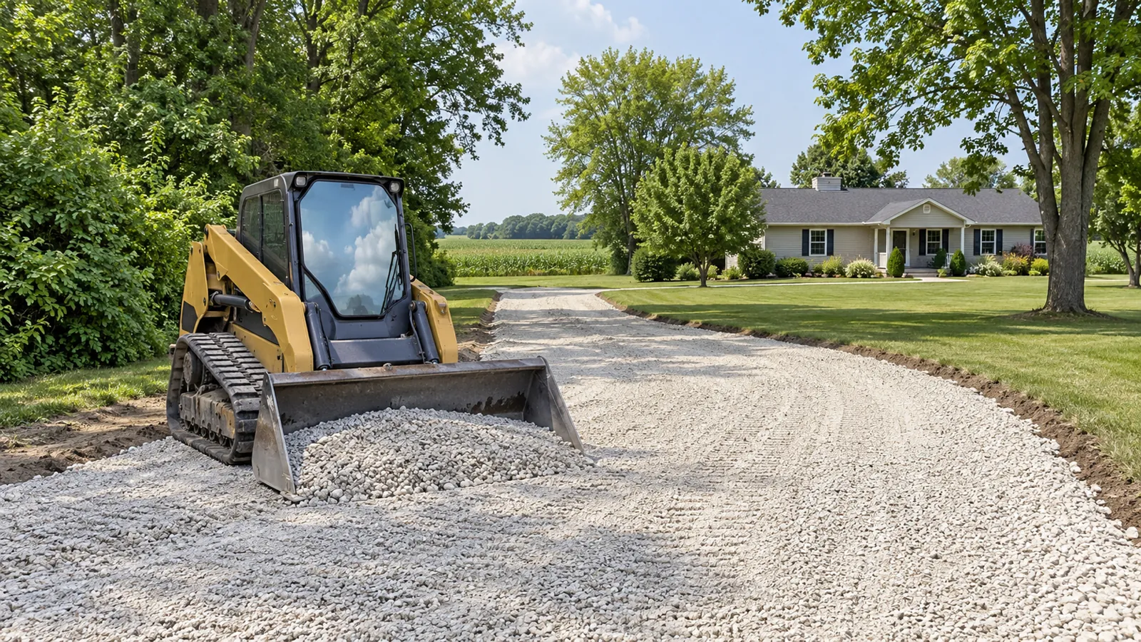 Compact track loader spreading crushed stone for a new gravel driveway base in midsummer sun