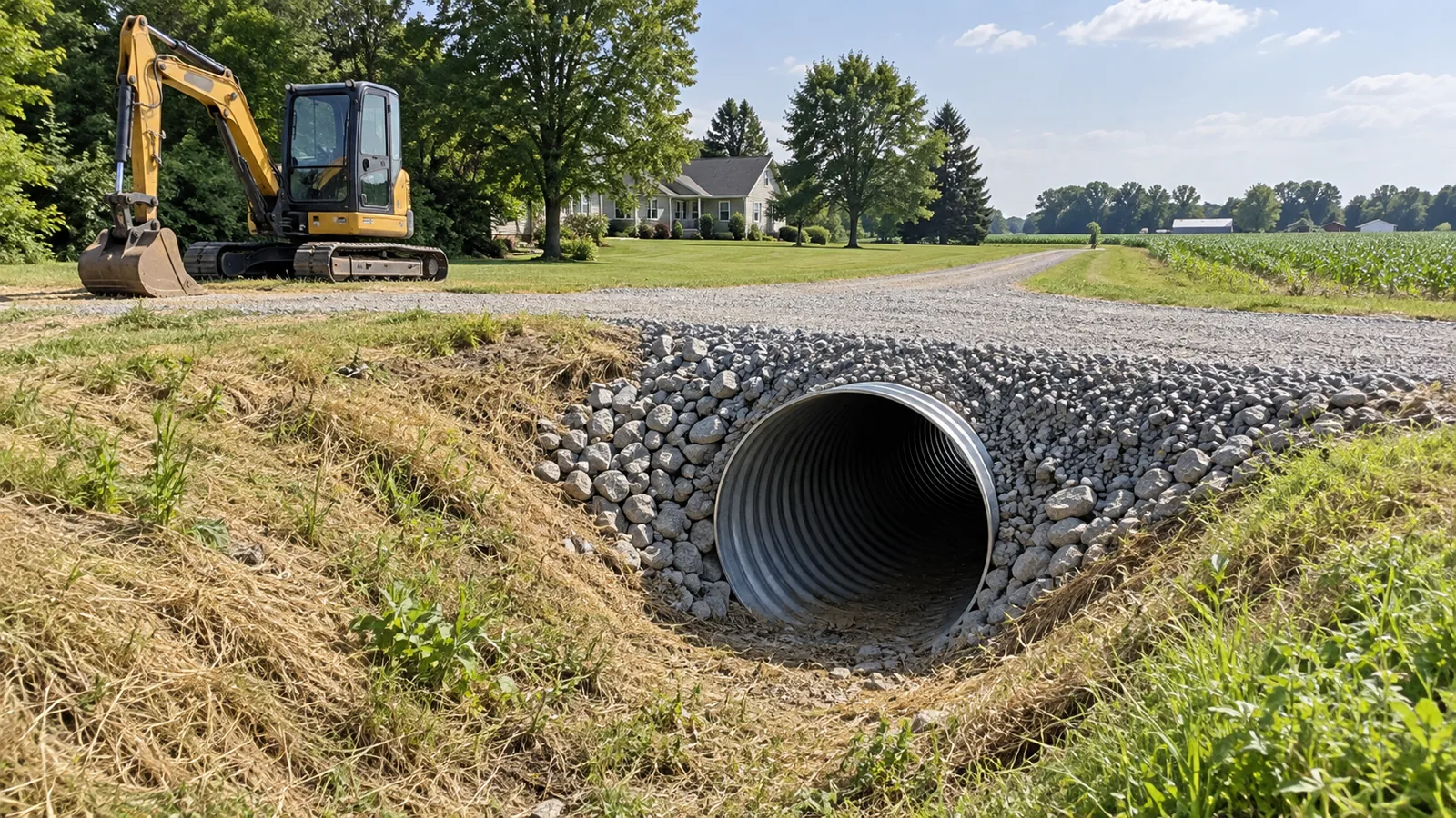 Culvert pipe set in a roadside ditch under a new gravel driveway approach in midsummer sun