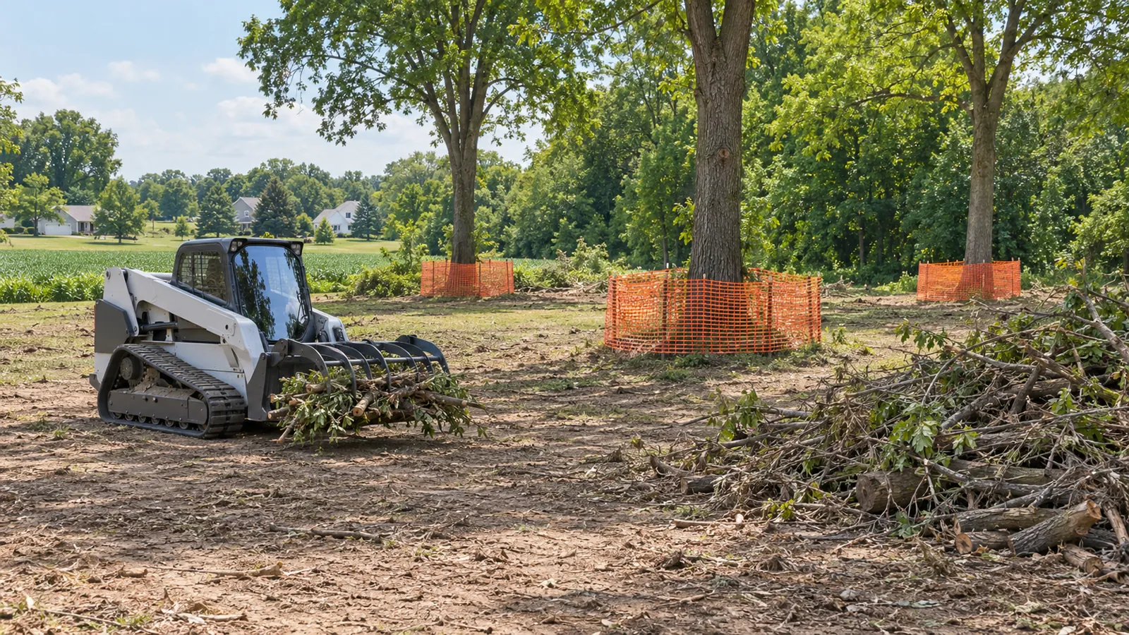 Track loader with a grapple piling cut brush on a partly cleared lot with trees protected in midsummer sun