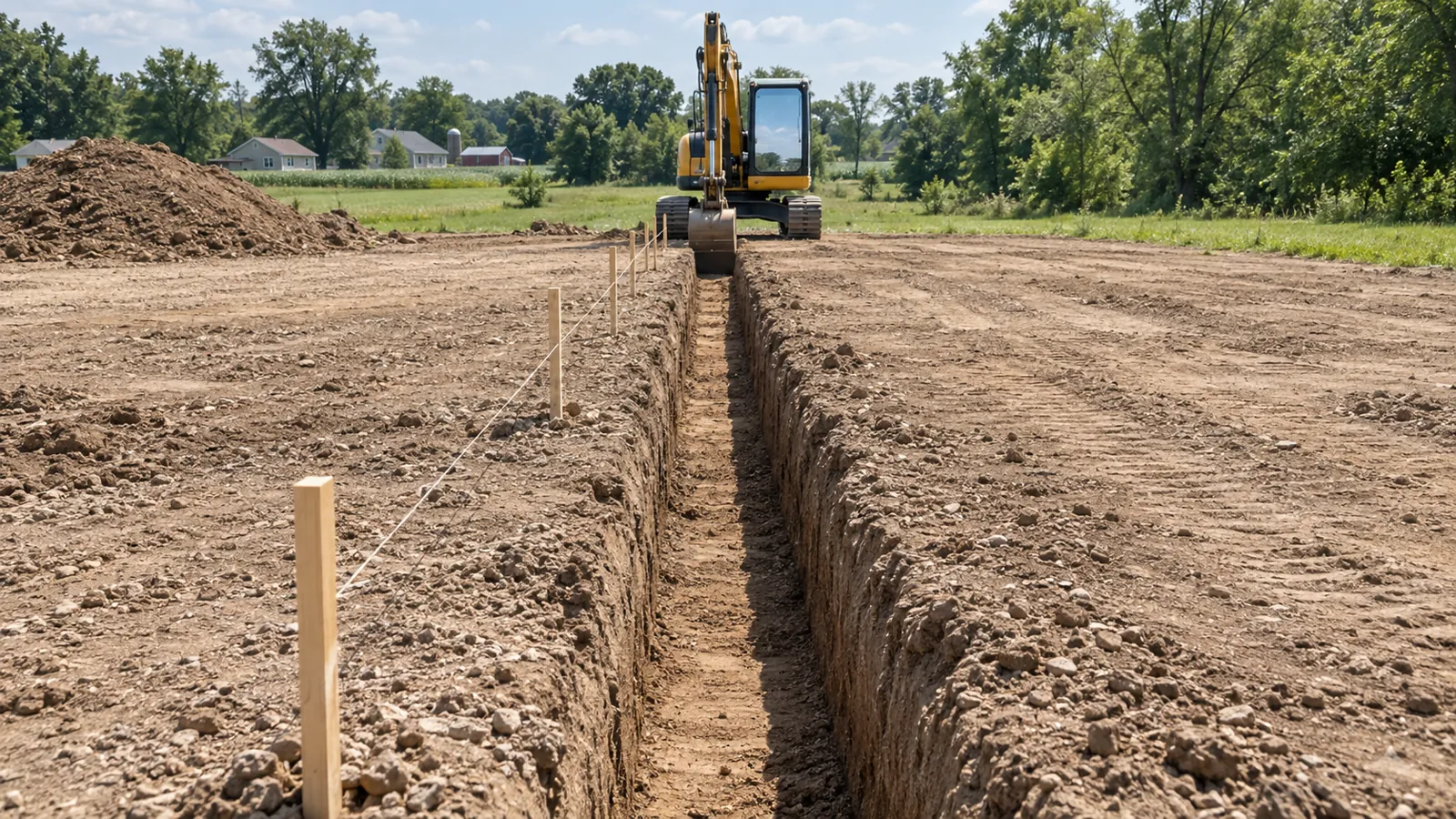 Compact excavator cutting a footing trench beside layout stakes and a string line in midsummer sun