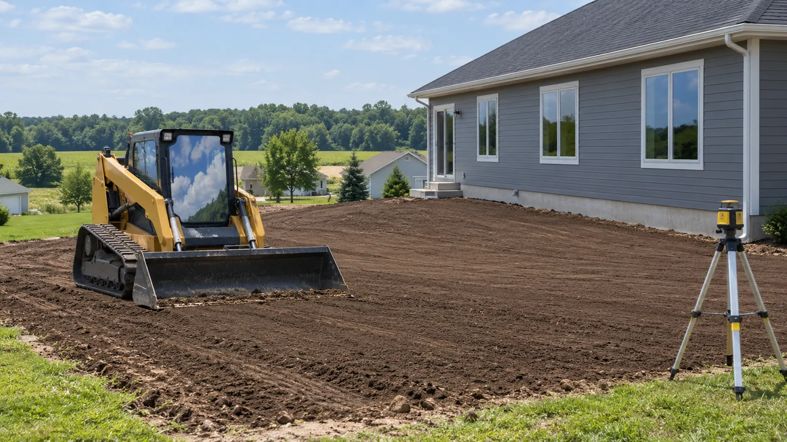Compact track loader leveling topsoil so the yard slopes away from a new house in midsummer sun