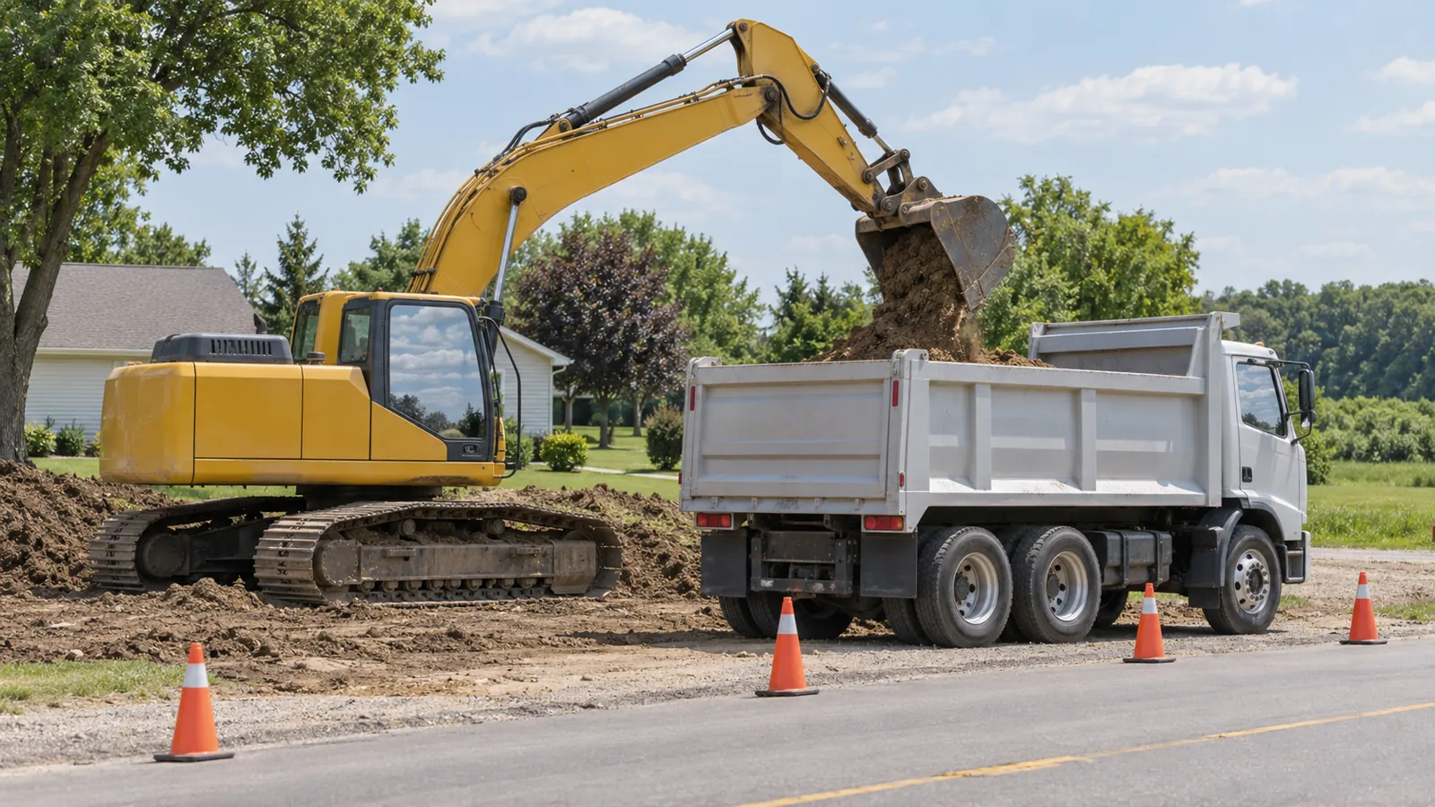 Excavator loading excavated soil into a plain dump truck beside a residential lot in midsummer sun