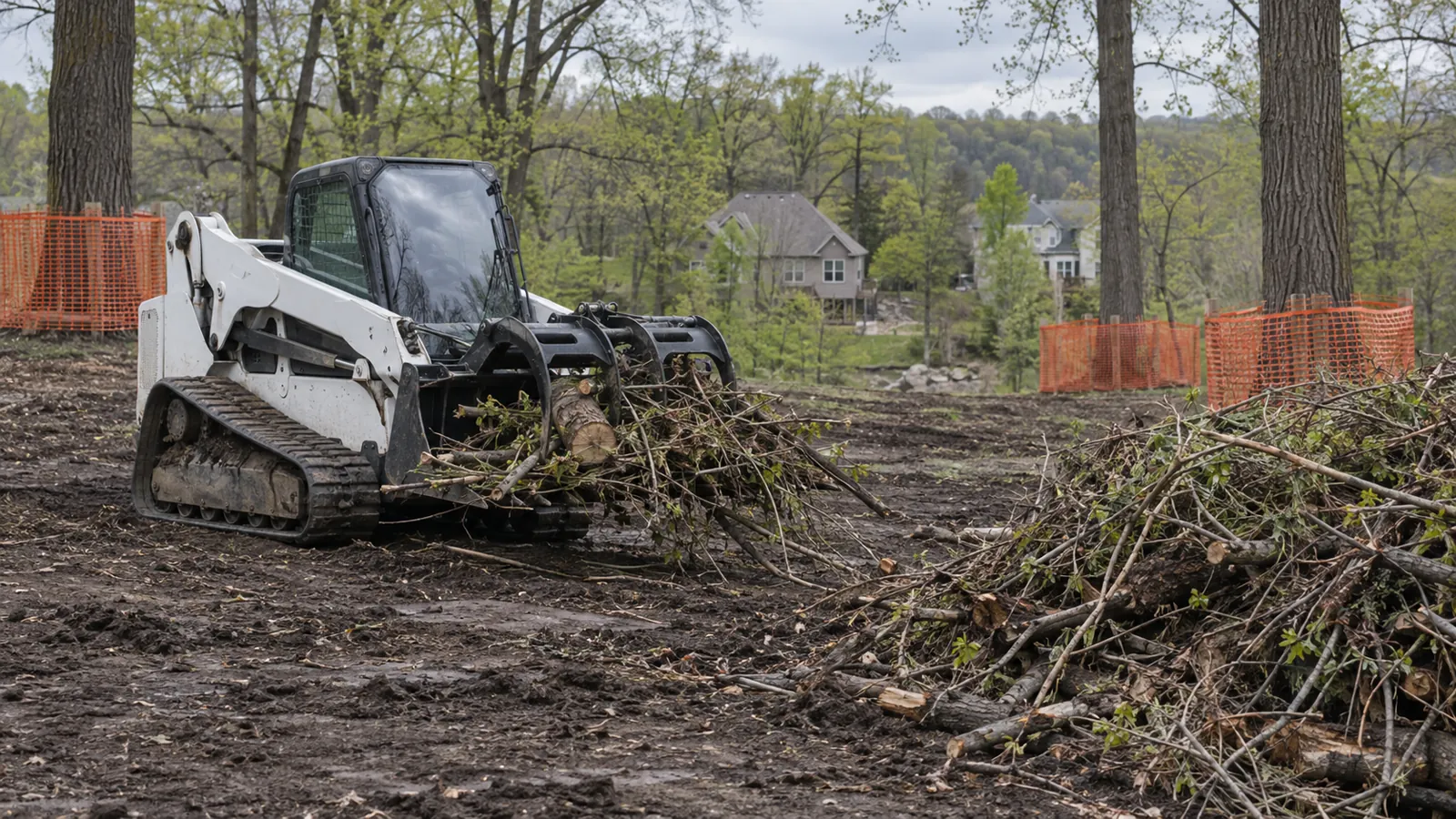 Track loader with a grapple piling cut brush on a partly cleared lot with trees protected on a cool spring day