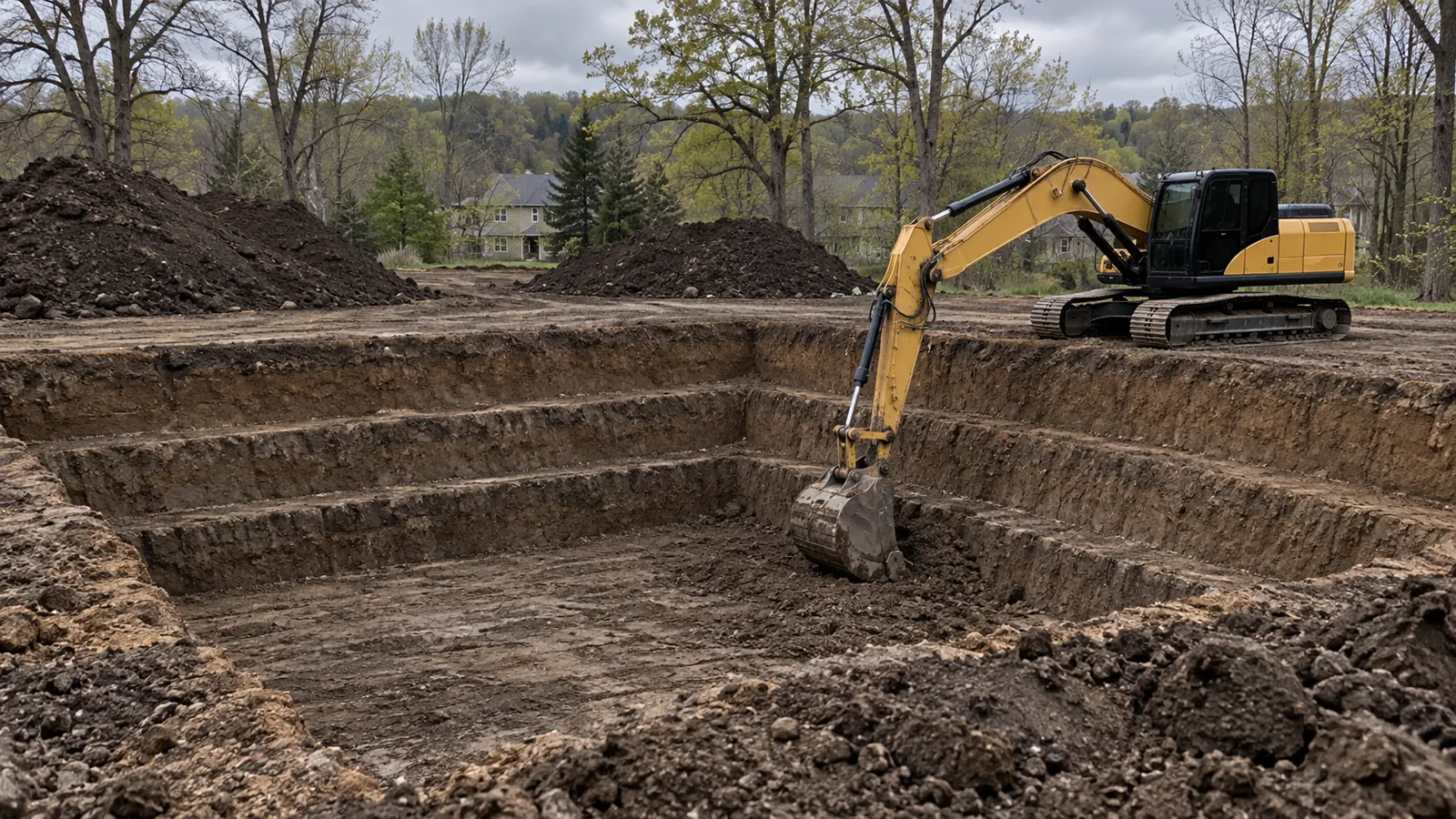 Excavator digging a basement for a new house with spoil set back from the edge on a cool spring day