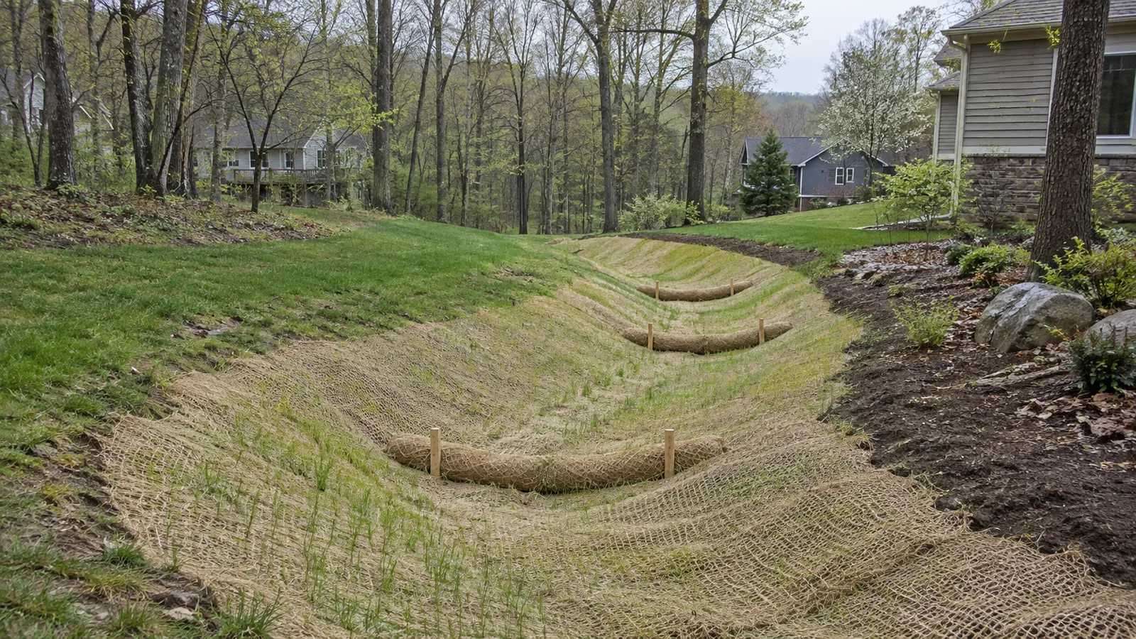 New drainage swale lined with erosion-control blanket and straw wattles on a cool spring day