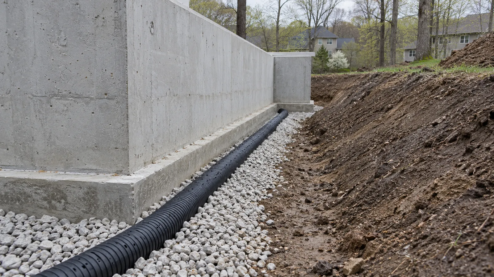 Perforated drain tile in washed stone along the footing of a new foundation wall on a cool spring day