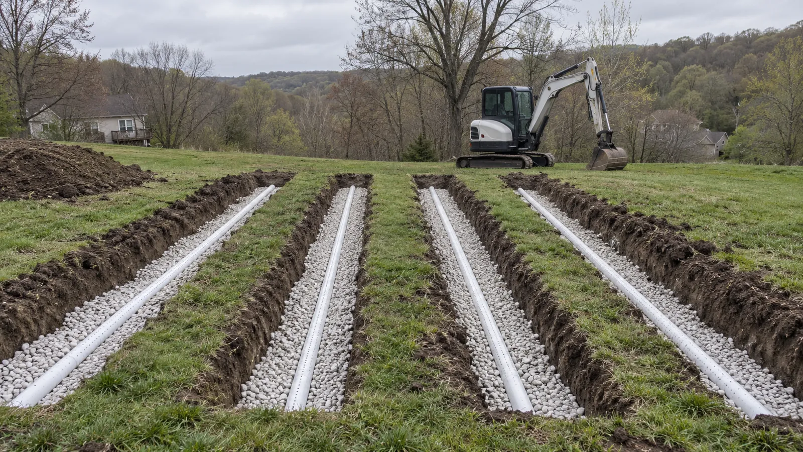 Parallel drain field trenches with clean stone and perforated pipe on an open lawn on a cool spring day