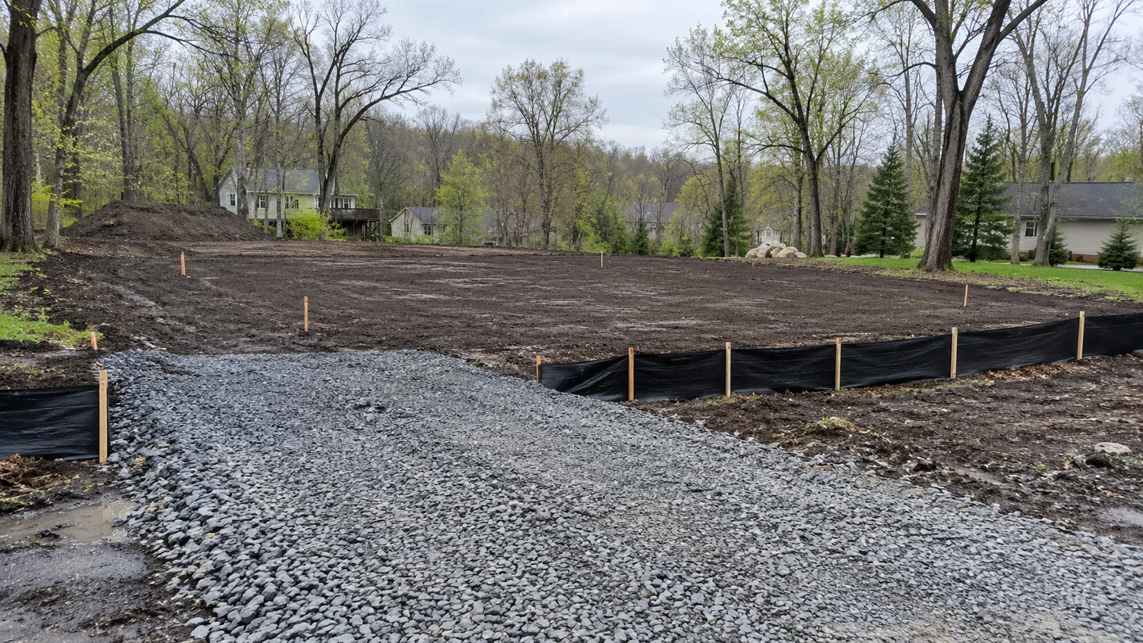 Cleared building lot with silt fence, a stone construction entrance, and corner stakes on a cool spring day
