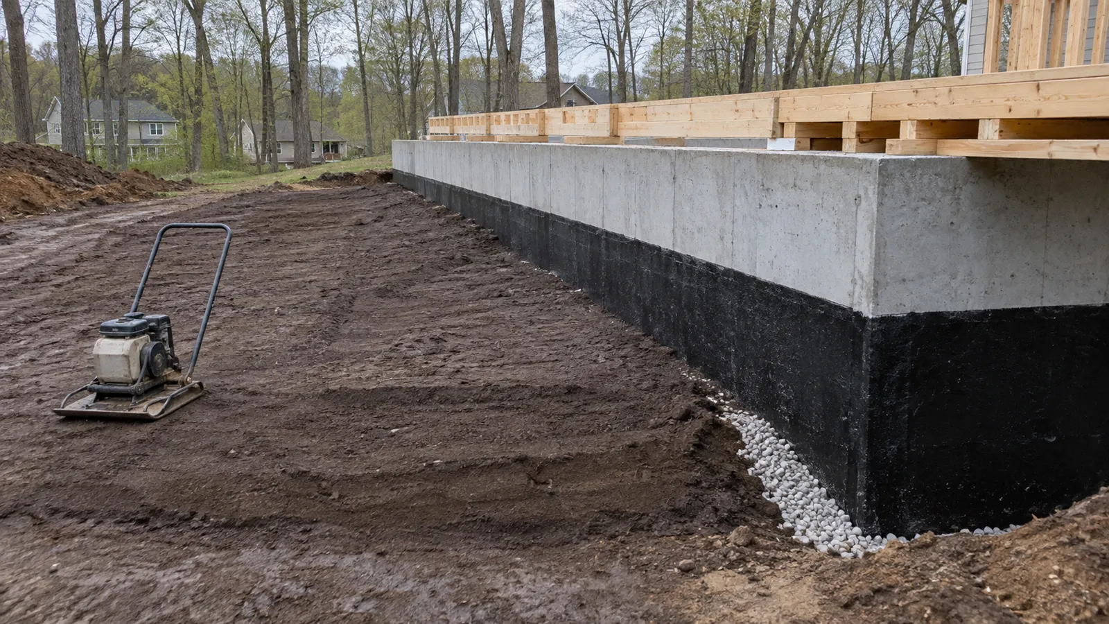 New basement wall with drainage stone and soil placed against it in compacted layers on a cool spring day