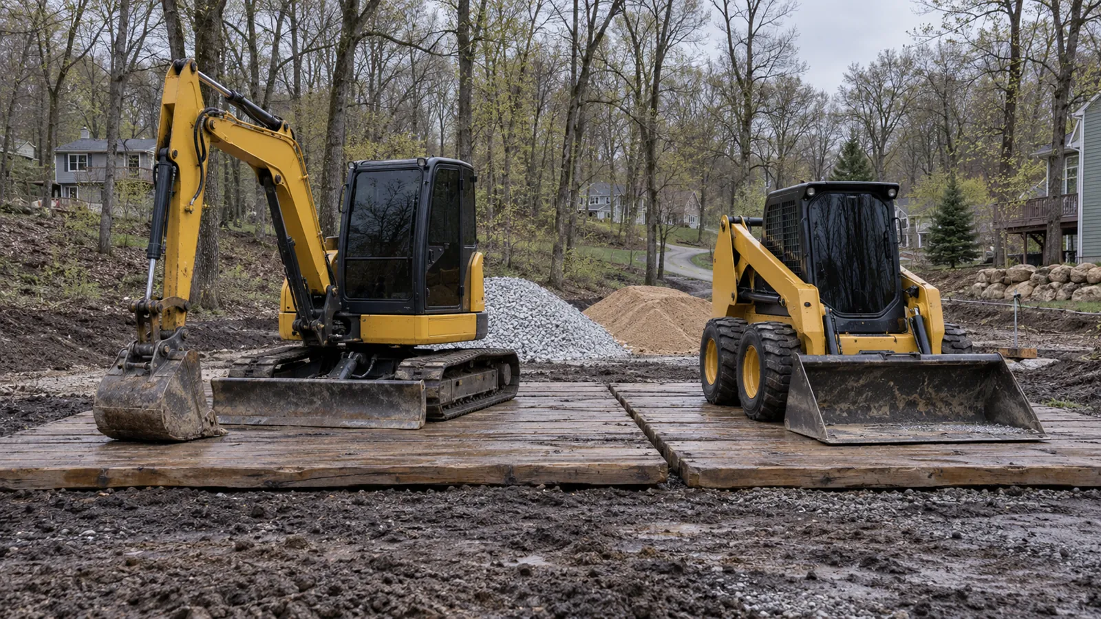 Compact excavator and skid steer parked on timber mats beside stone and sand piles on a cool spring day