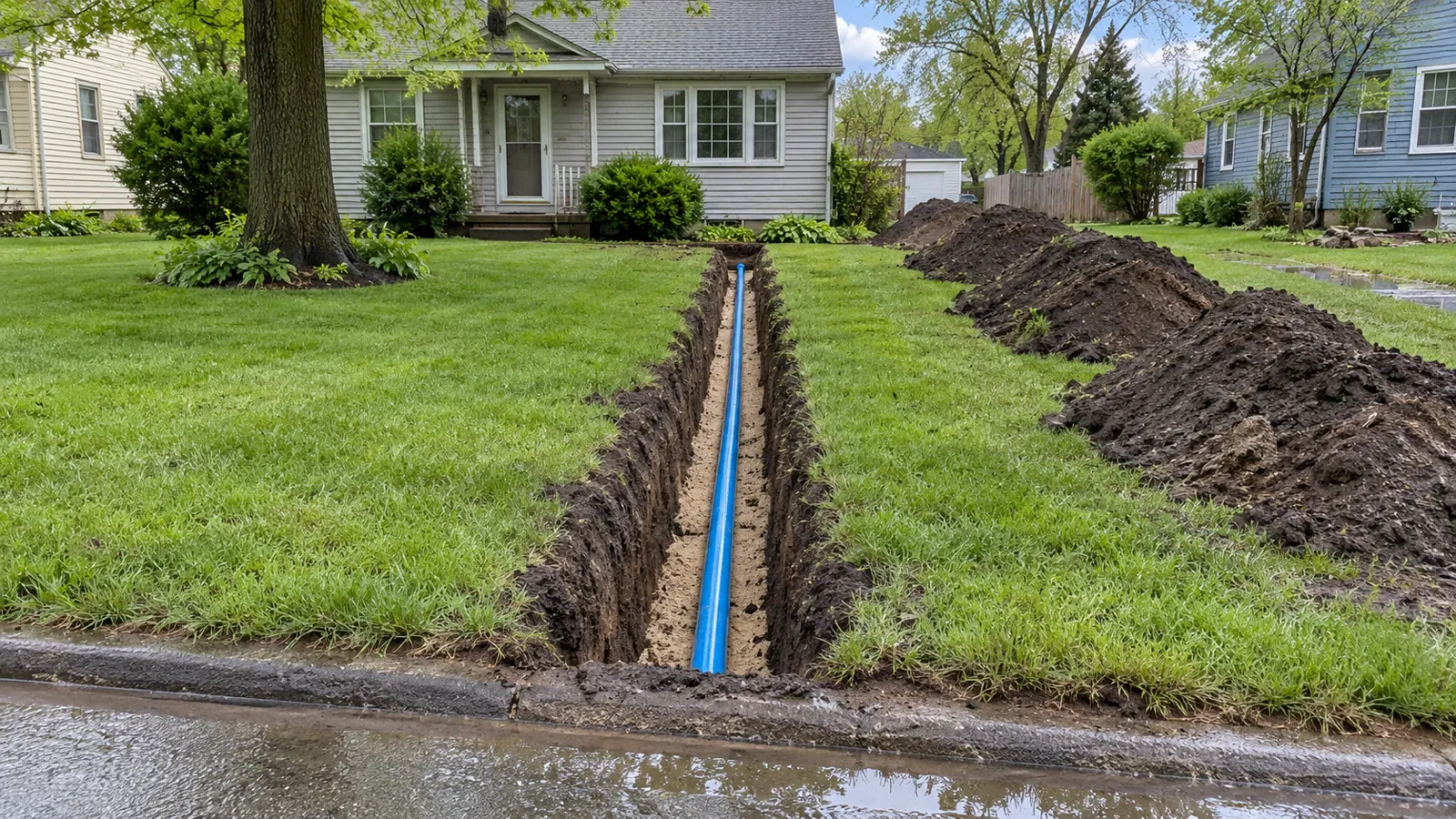 Narrow trench with blue water service pipe on sand bedding running toward a house after a spring rain
