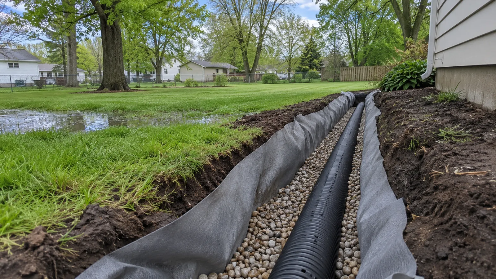 Shallow trench with perforated drain pipe in washed gravel and filter fabric after a spring rain