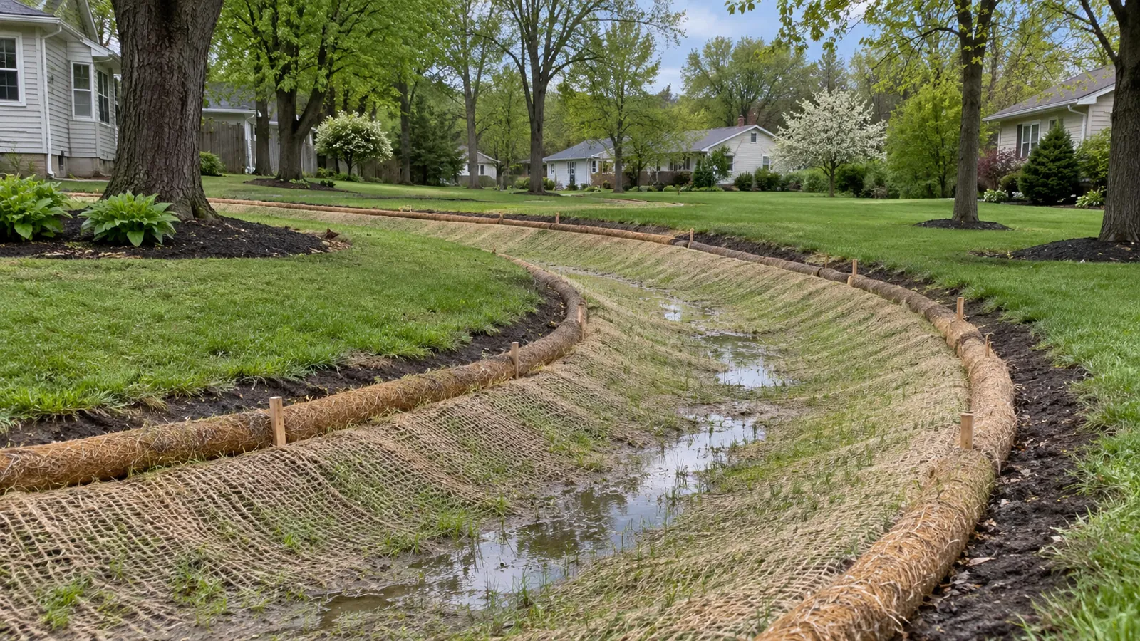 New drainage swale lined with erosion-control blanket and straw wattles after a spring rain