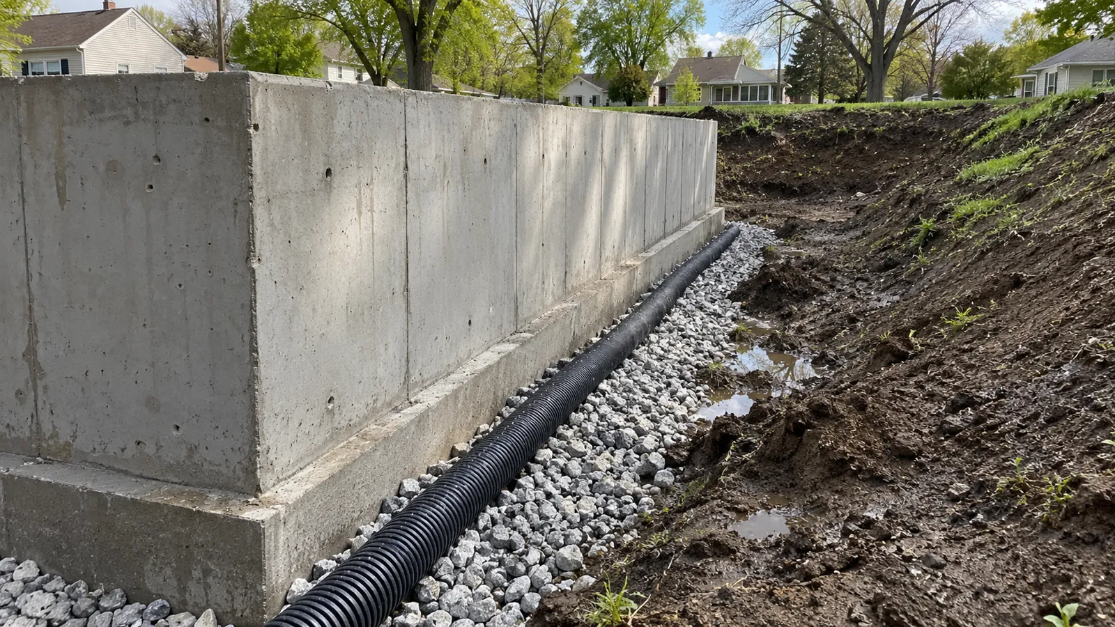 Perforated drain tile in washed stone along the footing of a new foundation wall after a spring rain