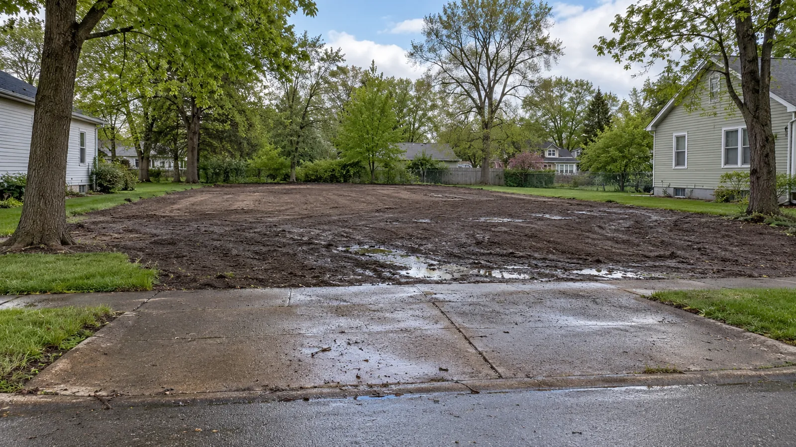 Rough-graded lot with fresh fill where an old house was removed after a spring rain