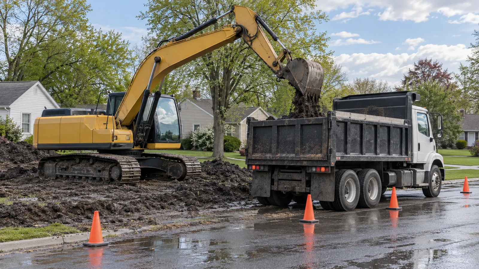Excavator loading excavated soil into a plain dump truck beside a residential lot after a spring rain