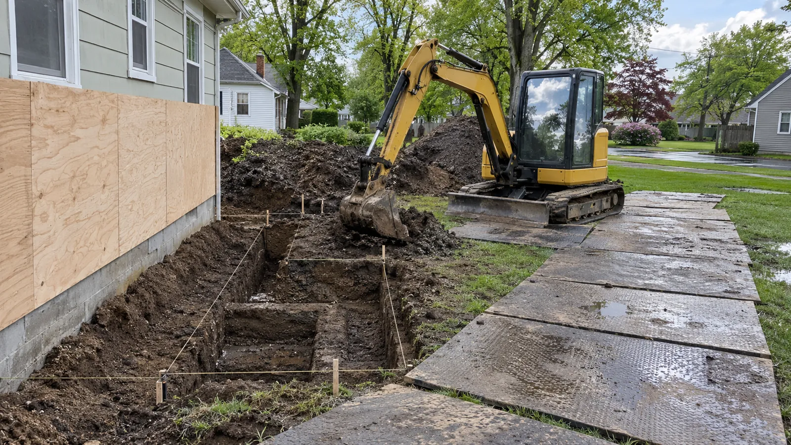 Compact excavator digging footings beside an existing home on ground protection mats after a spring rain