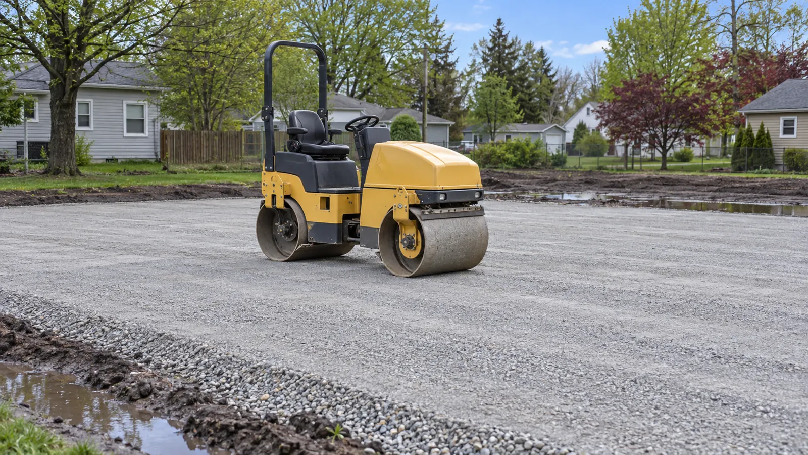 Small roller compacting a crushed stone layer on a level building pad after a spring rain