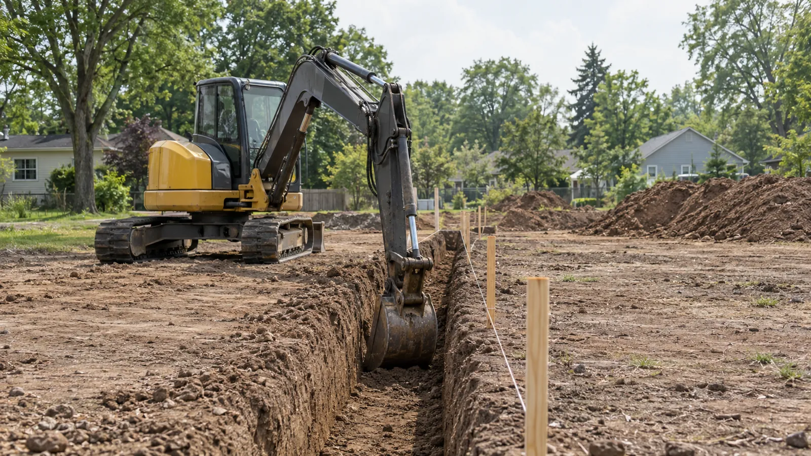 Compact excavator cutting a footing trench beside layout stakes and a string line on a hazy summer afternoon