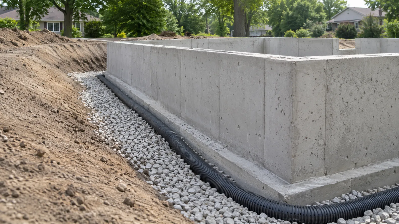 Perforated drain tile in washed stone along the footing of a new foundation wall on a hazy summer afternoon