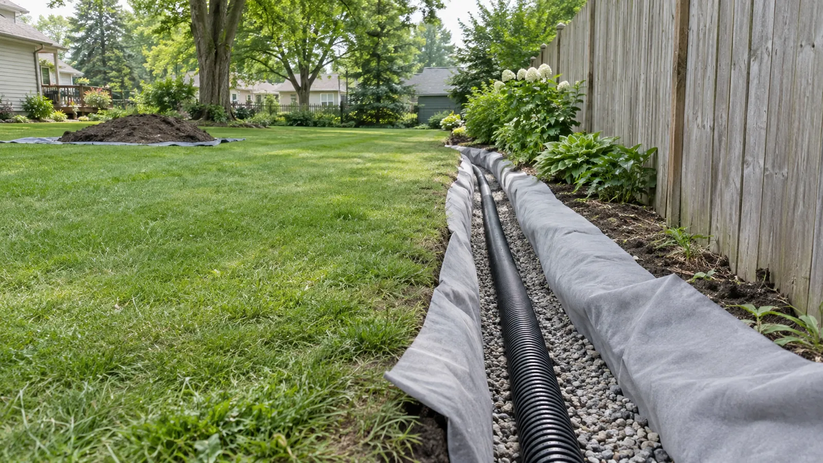 Shallow trench with perforated drain pipe in washed gravel and filter fabric on a hazy summer afternoon