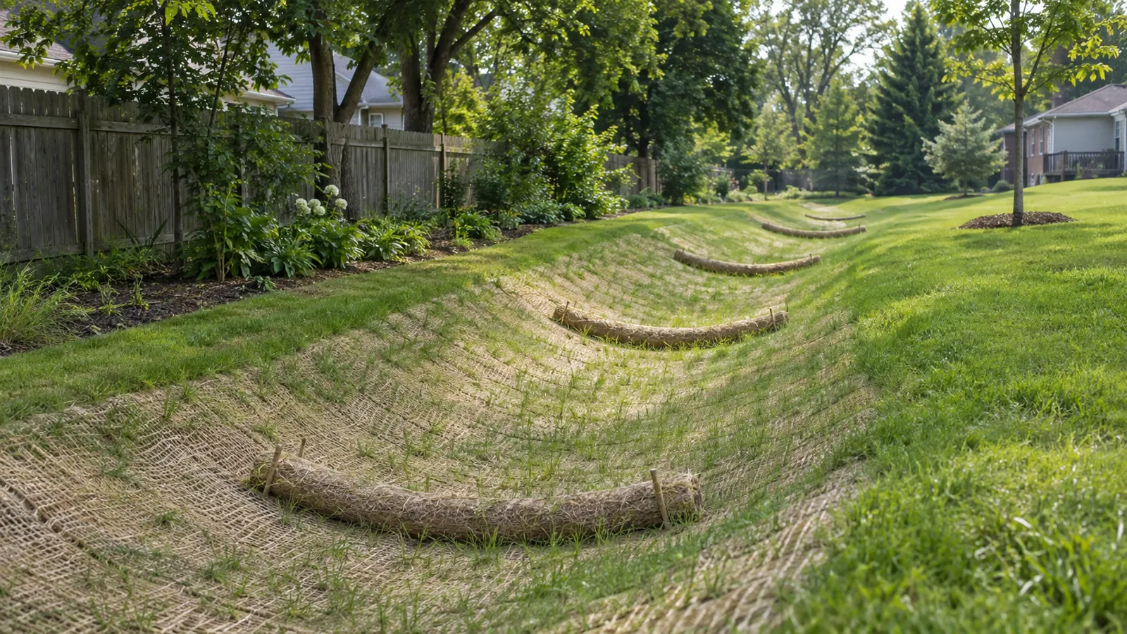 New drainage swale lined with erosion-control blanket and straw wattles on a hazy summer afternoon