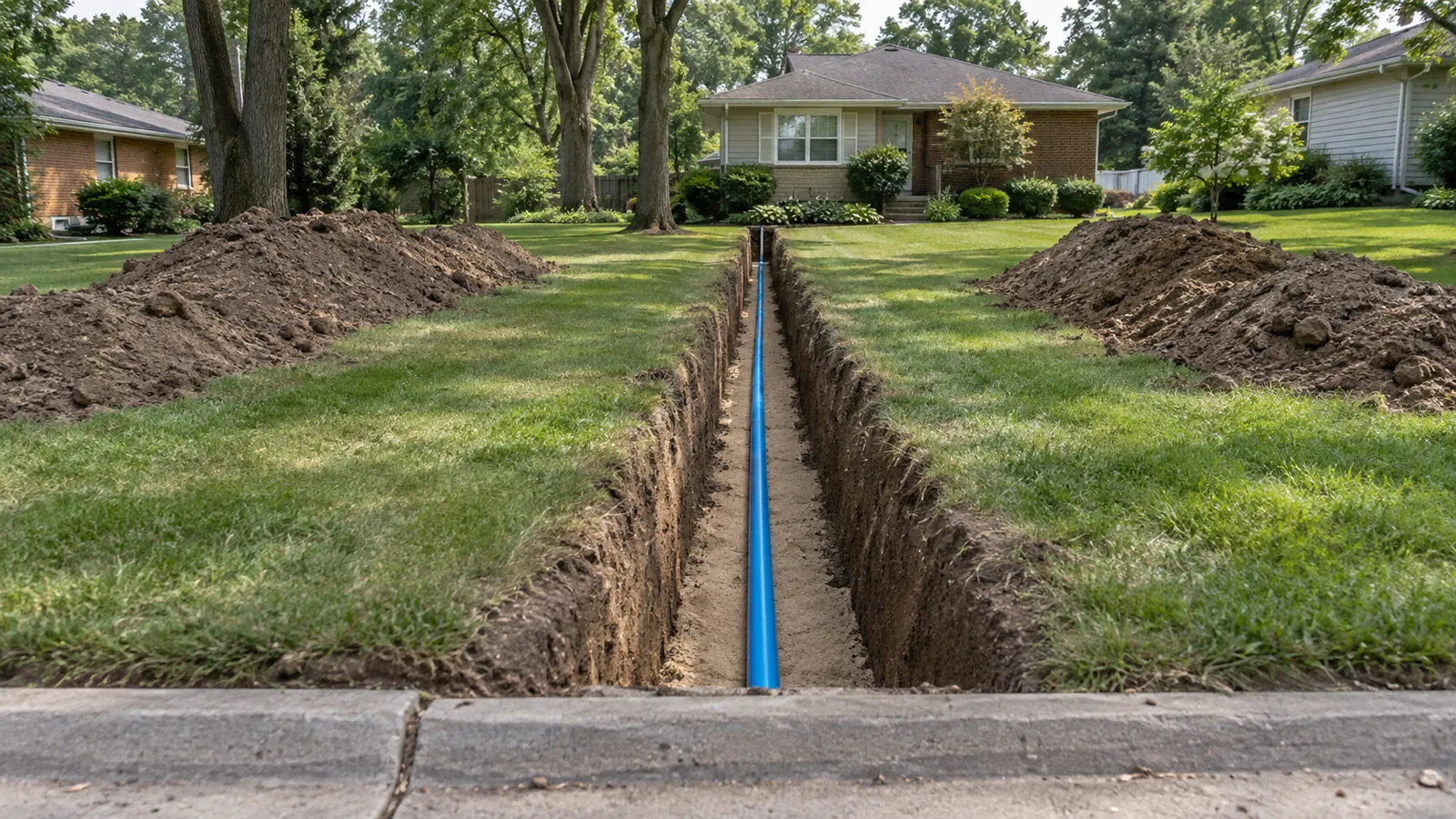 Narrow trench with blue water service pipe on sand bedding running toward a house on a hazy summer afternoon