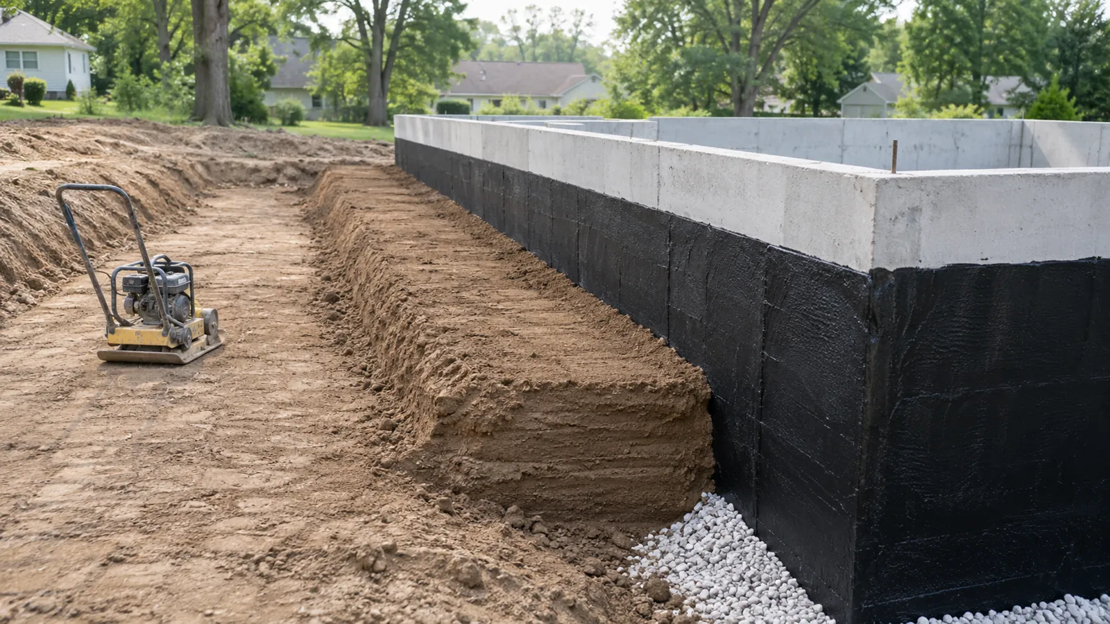 New basement wall with drainage stone and soil placed against it in compacted layers on a hazy summer afternoon