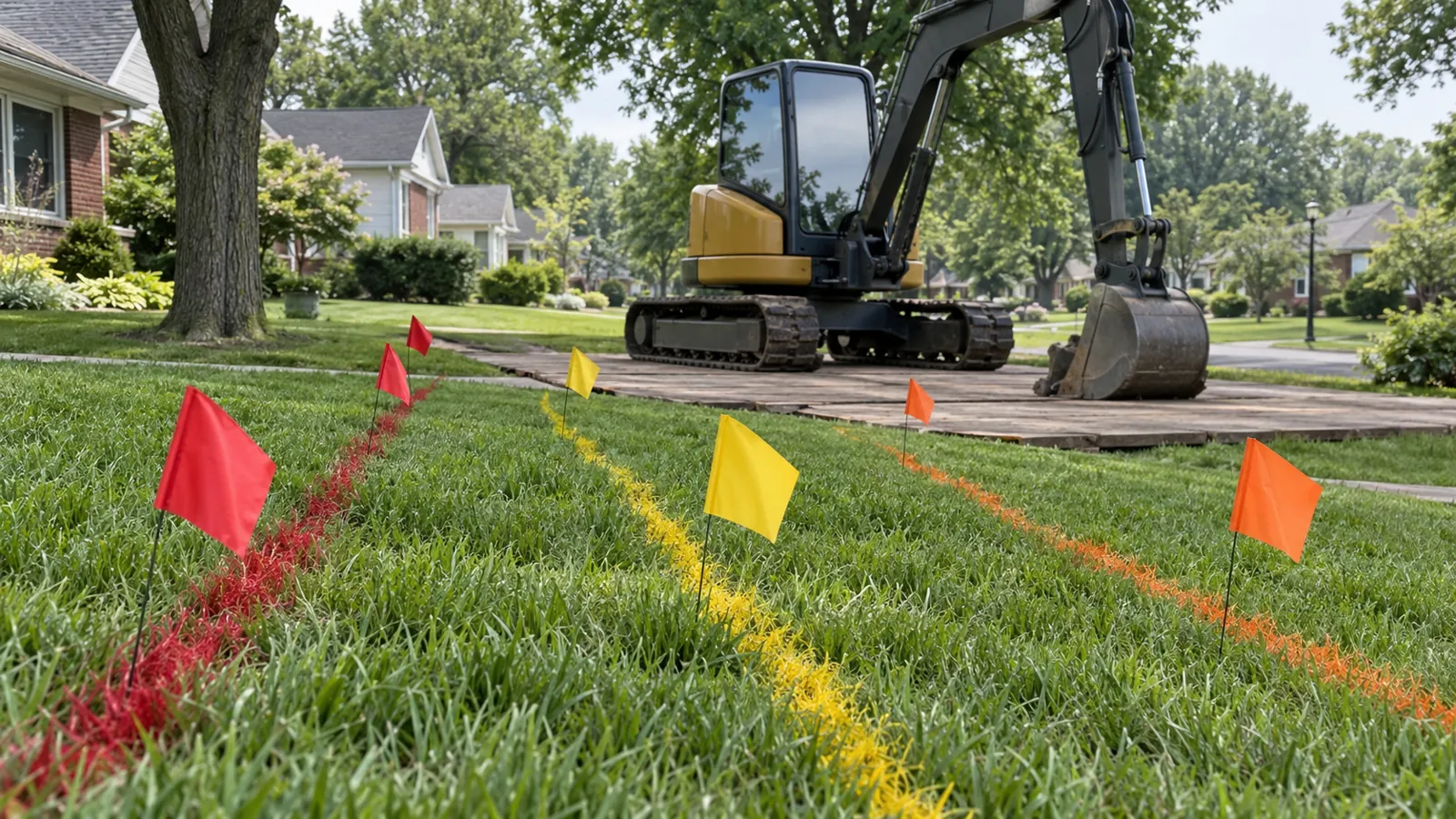 Utility locate flags and paint marks on a lawn with a compact excavator parked behind on a hazy summer afternoon