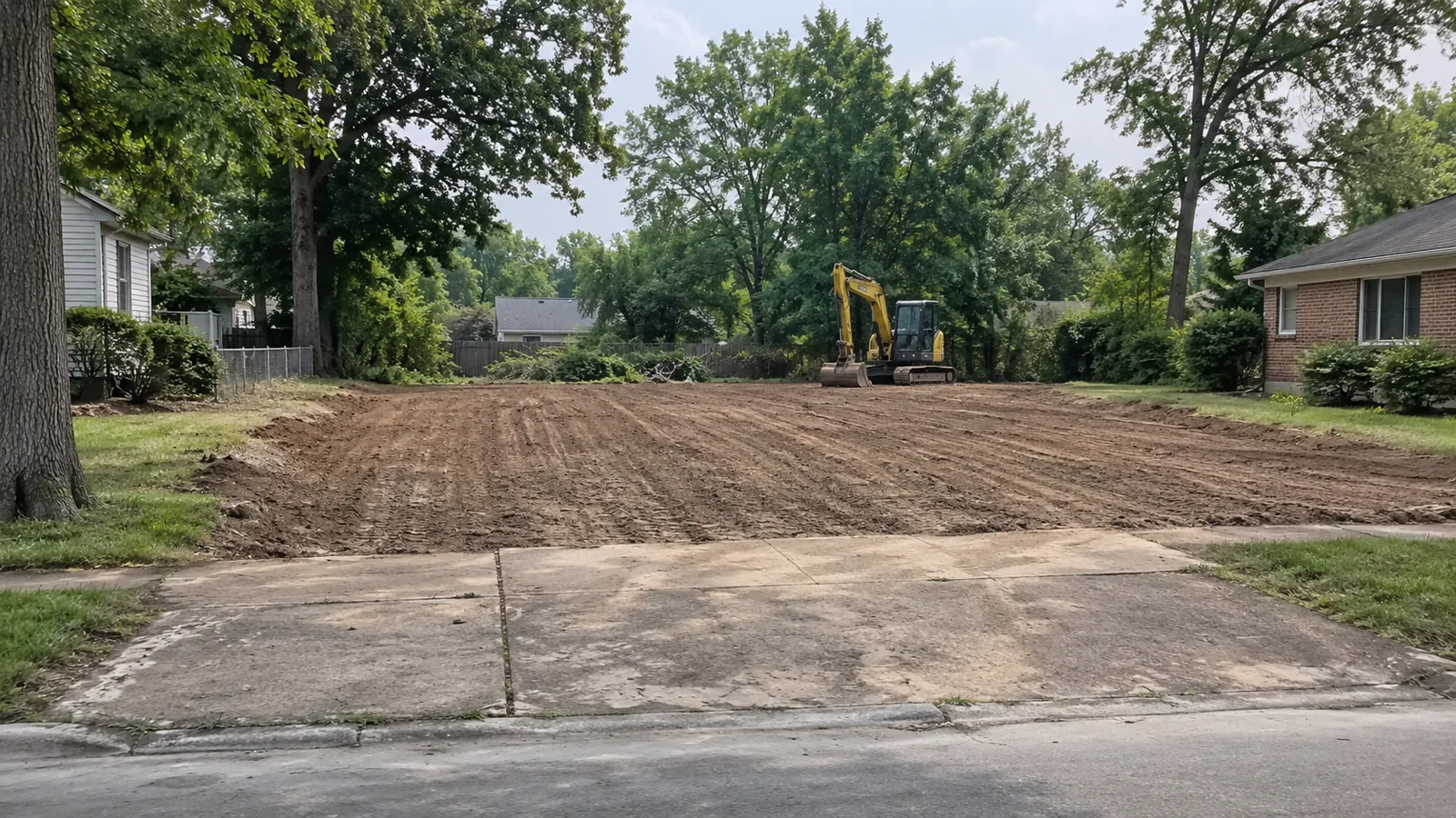 Rough-graded lot with fresh fill where an old house was removed on a hazy summer afternoon