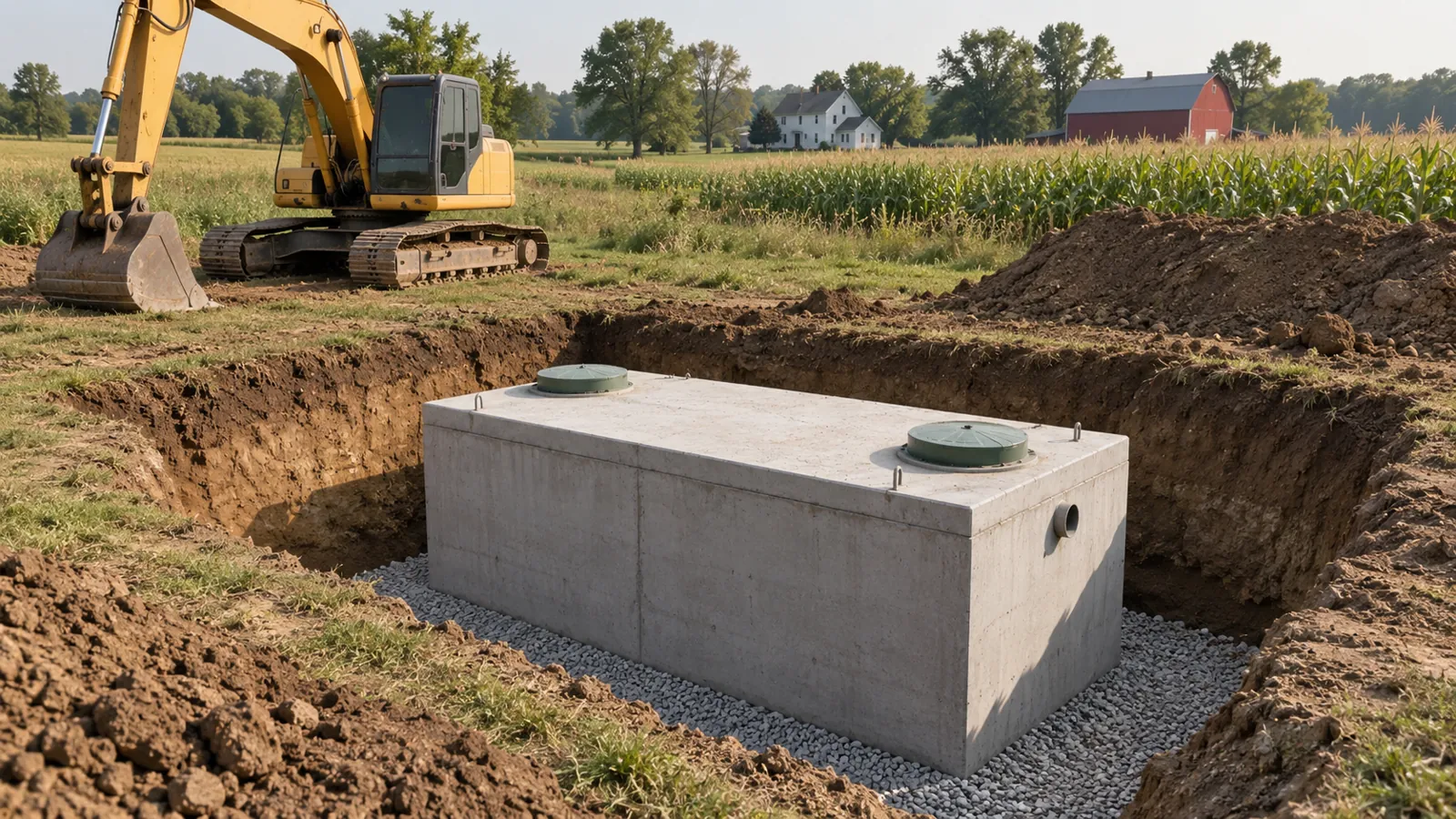 New precast septic tank set level in a neat excavation beside a parked excavator in late-summer haze